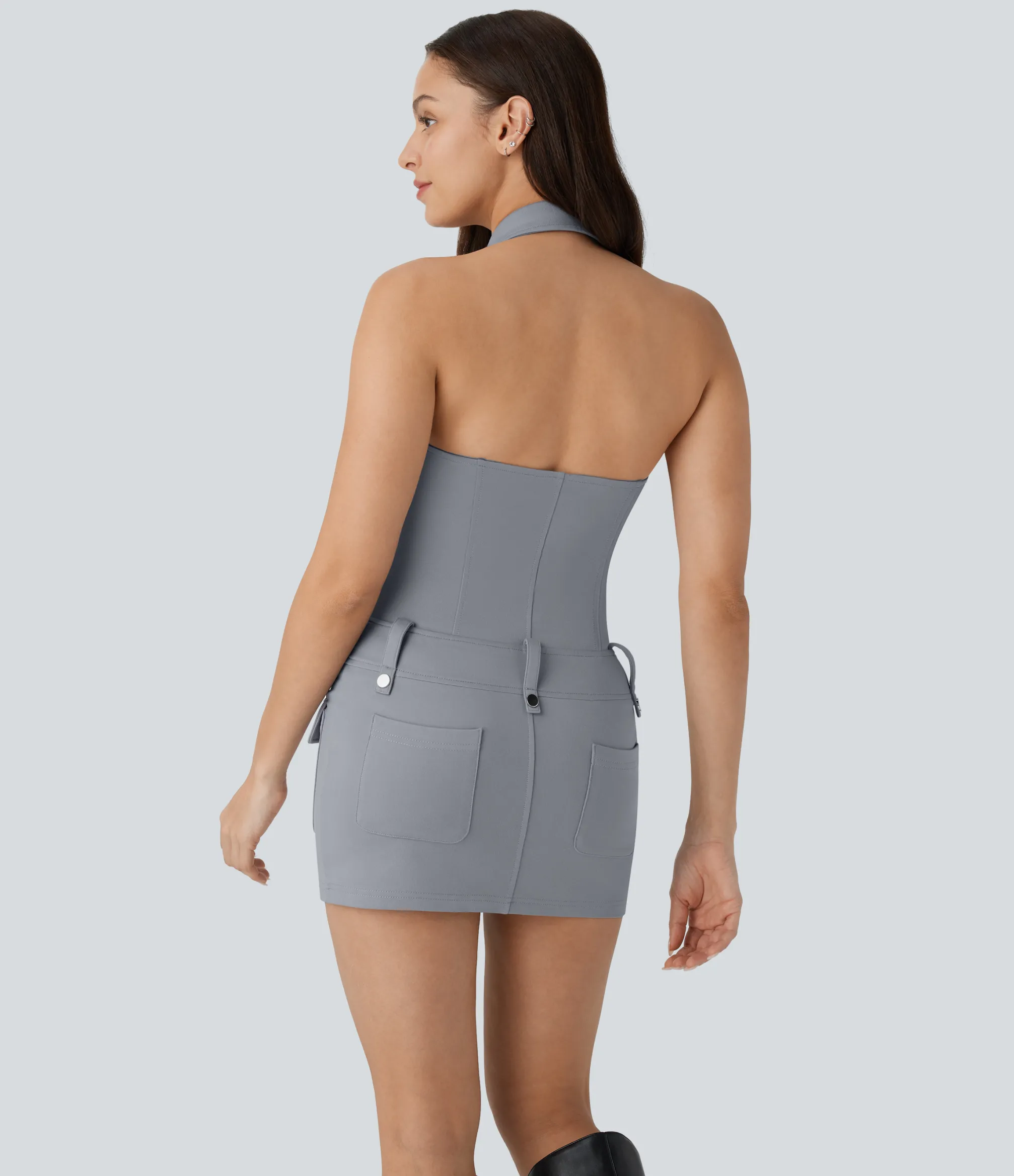 Party Dresses|Bodycon Dresses<HALARA Halter V Neck Zipper Pockets Bodycon Micro Mini Dress