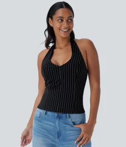 Casual Tops<HALARA Halter 2-Way Zipper Cool Touch Stripe Casual Top