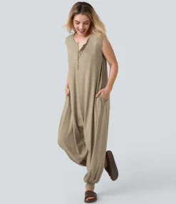 Jumpsuits<HALARA Henley Neck Sleeveless Pocket Relax Harem Jumpsuit