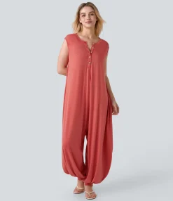 Jumpsuits<HALARA Henley Neck Sleeveless Pocket Relax Harem Jumpsuit