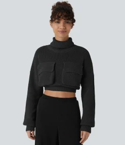Sweaters<HALARA High Neck Dropped Shoulder Flap Pocket Cropped Casual Sweater
