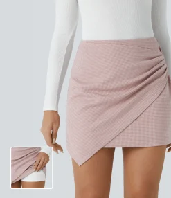 Mini Skirts|Skirts<HALARA High Waisted Asymmetric Ruched 2-in-1 Houndstooth Mini Work Skirt
