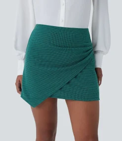 Mini Skirts|Skirts<HALARA High Waisted Asymmetric Ruched 2-in-1 Houndstooth Mini Work Skirt