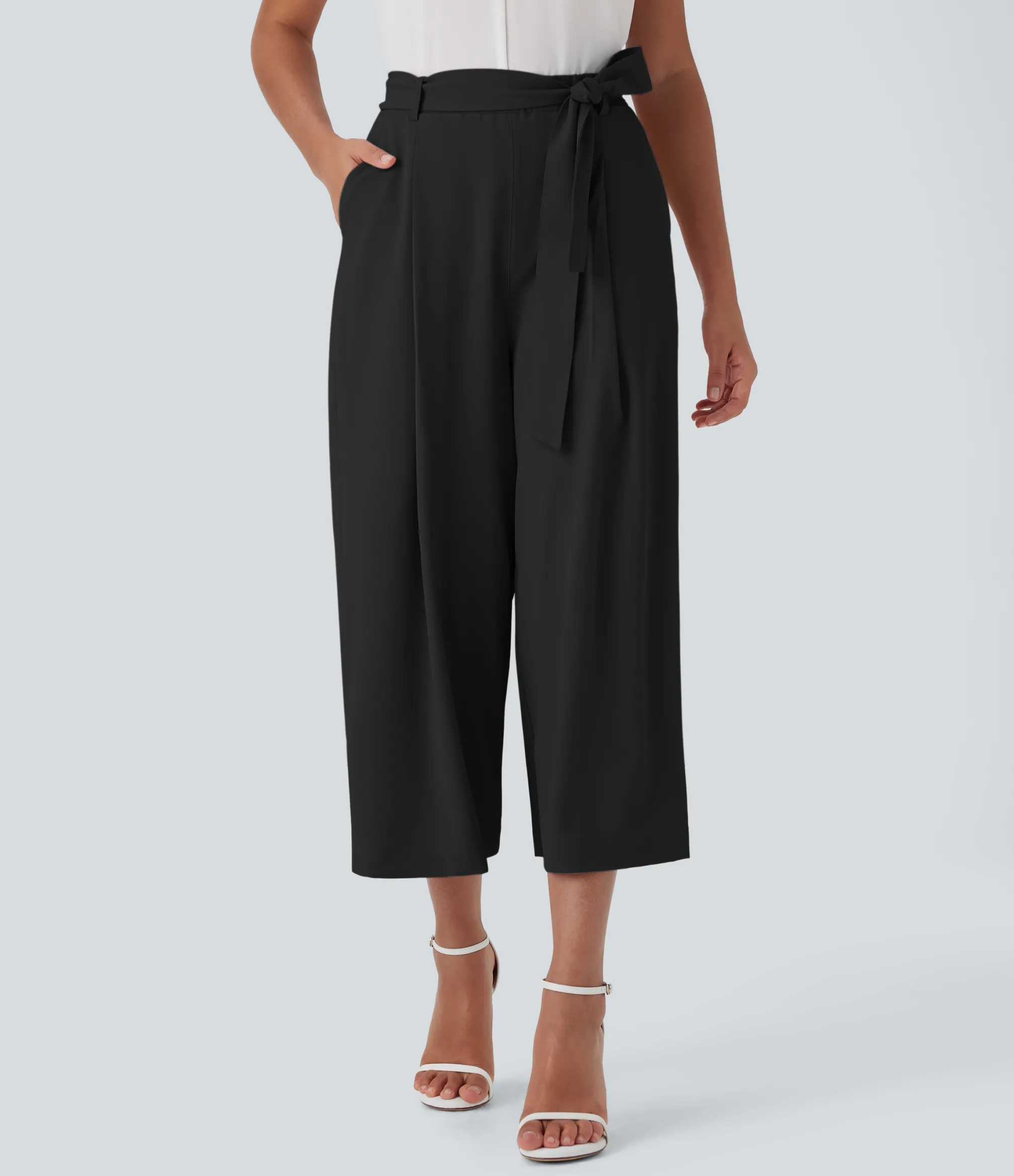 High-Waisted Pants|Wide-Leg Pants<HALARA High Waisted Belted Wide Leg Cropped Work Pants with Pockets