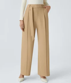High-Waisted Pants|Wide-Leg Pants<HALARA High Waisted Belted Zipper Pocket Wide Leg Work Pants