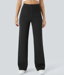 High-Waisted Pants|Straight-Leg Pants<HALARA High Waisted Button Multiple Pockets Straight Leg Casual Pants