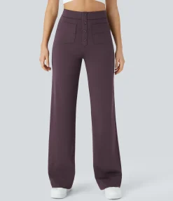 High-Waisted Pants|Straight-Leg Pants<HALARA High Waisted Button Multiple Pockets Straight Leg Casual Pants