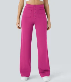 High-Waisted Pants|Straight-Leg Pants<HALARA High Waisted Button Multiple Pockets Straight Leg Casual Pants