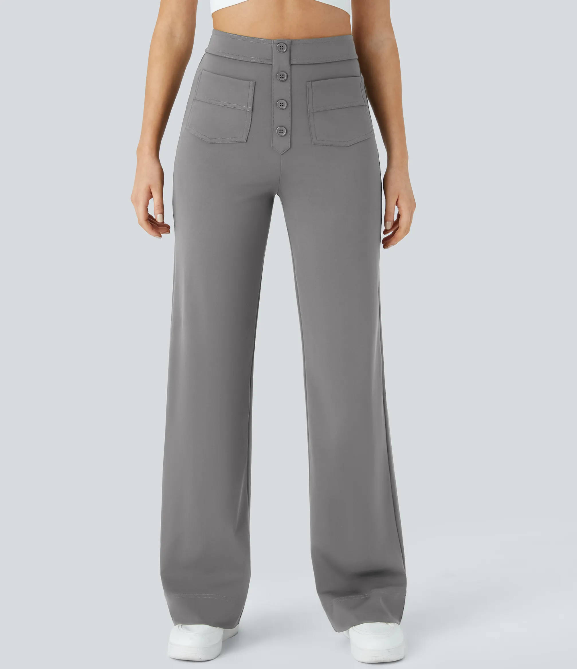 High-Waisted Pants|Straight-Leg Pants<HALARA High Waisted Button Multiple Pockets Straight Leg Casual Pants