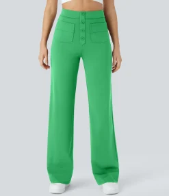 High-Waisted Pants|Straight-Leg Pants<HALARA High Waisted Button Multiple Pockets Straight Leg Casual Pants