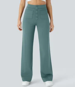 High-Waisted Pants|Straight-Leg Pants<HALARA High Waisted Button Multiple Pockets Straight Leg Casual Pants