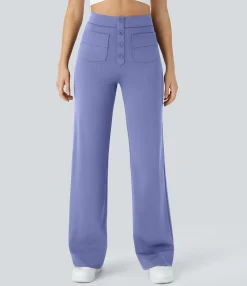 High-Waisted Pants|Straight-Leg Pants<HALARA High Waisted Button Multiple Pockets Straight Leg Casual Pants