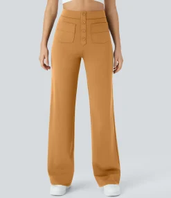 High-Waisted Pants|Straight-Leg Pants<HALARA High Waisted Button Multiple Pockets Straight Leg Casual Pants