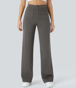 High-Waisted Pants|Straight-Leg Pants<HALARA High Waisted Button Multiple Pockets Straight Leg Casual Pants