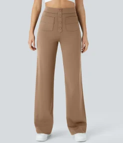 High-Waisted Pants|Straight-Leg Pants<HALARA High Waisted Button Multiple Pockets Straight Leg Casual Pants