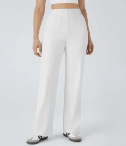 High-Waisted Pants|Straight-Leg Pants<HALARA High Waisted Button Multiple Pockets Straight Leg Casual Pants