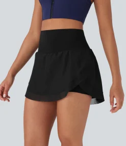 Skirts<HALARA High Waisted Contrast Mesh Curved Hem 2-in-1 Mini Yoga Skirt with Pockets