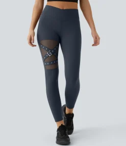 Crossover Leggings|Leggings<HALARA High Waisted Crossover Contrast Mesh Decorative Buckle Yoga Leggings