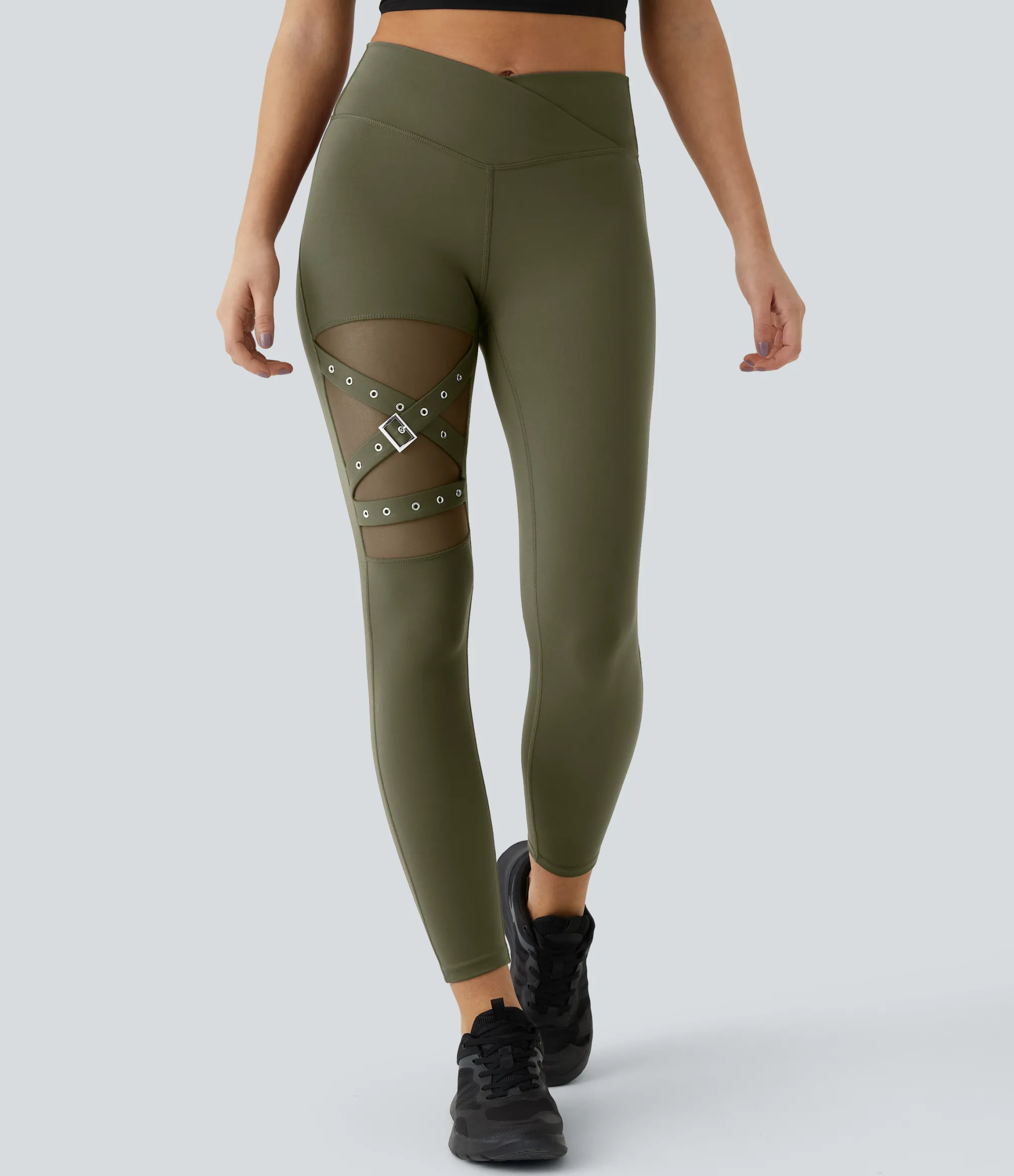 Crossover Leggings|Leggings<HALARA High Waisted Crossover Contrast Mesh Decorative Buckle Yoga Leggings