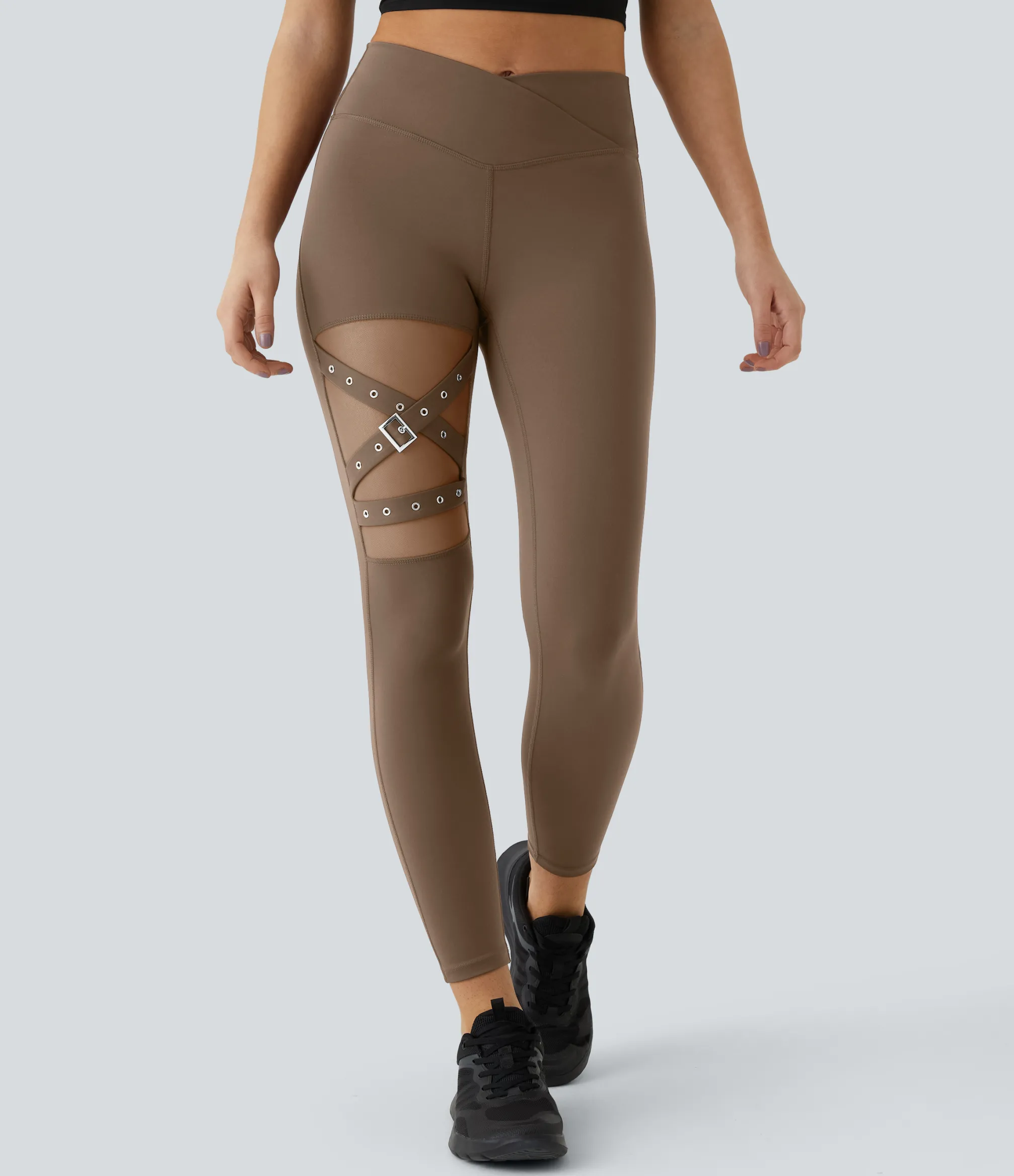 Crossover Leggings|Leggings<HALARA High Waisted Crossover Contrast Mesh Decorative Buckle Yoga Leggings