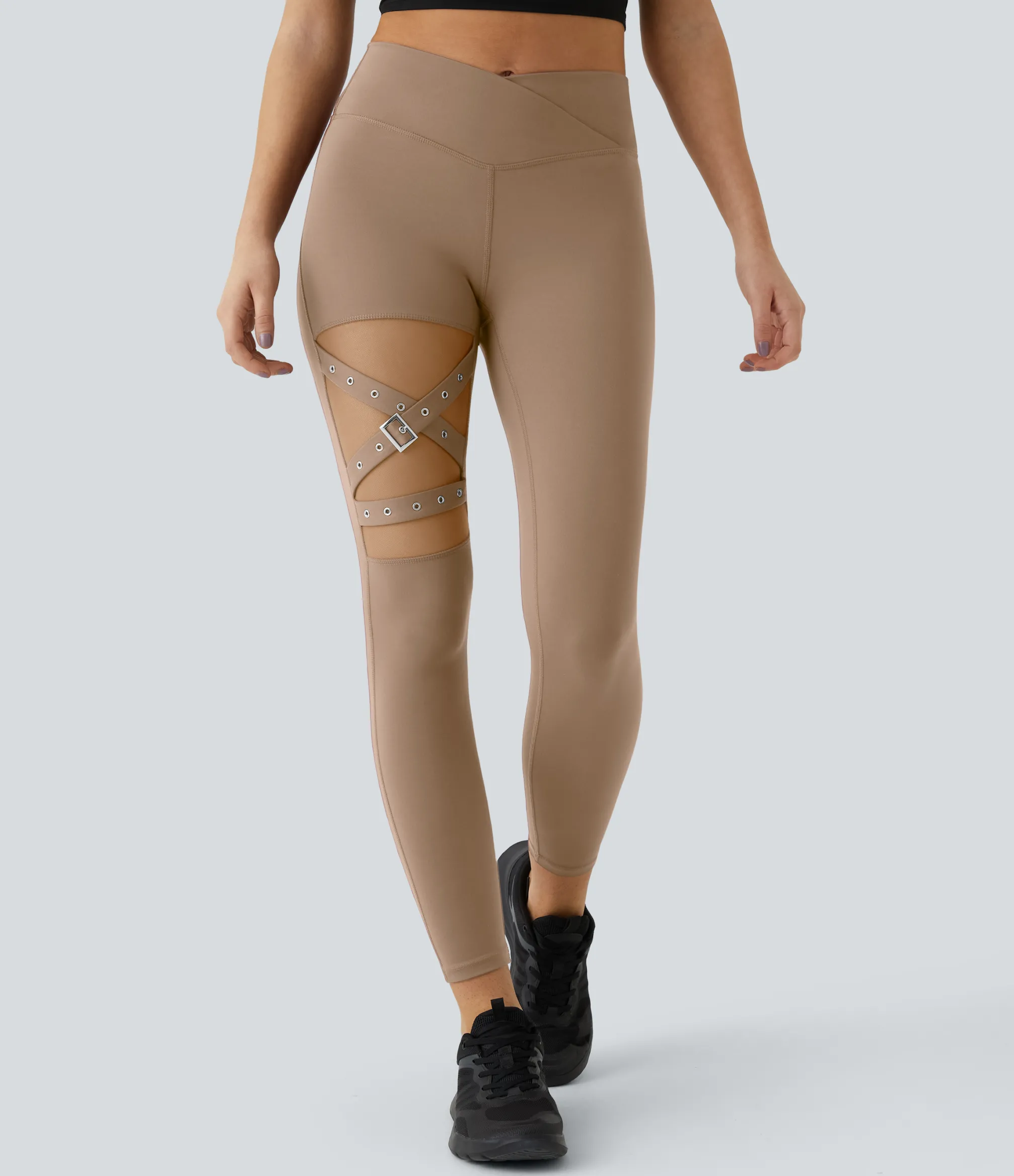 Crossover Leggings|Leggings<HALARA High Waisted Crossover Contrast Mesh Decorative Buckle Yoga Leggings