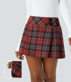 Mini Skirts|Pleated Skirts<HALARA High Waisted Decorative Buckle 2-in-1 Plaid Pleated Mini Casual Skirt