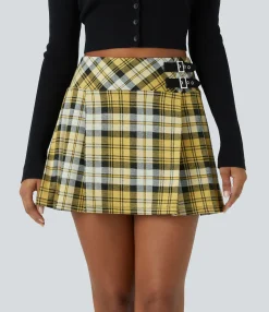Mini Skirts|Pleated Skirts<HALARA High Waisted Decorative Buckle 2-in-1 Plaid Pleated Mini Casual Skirt
