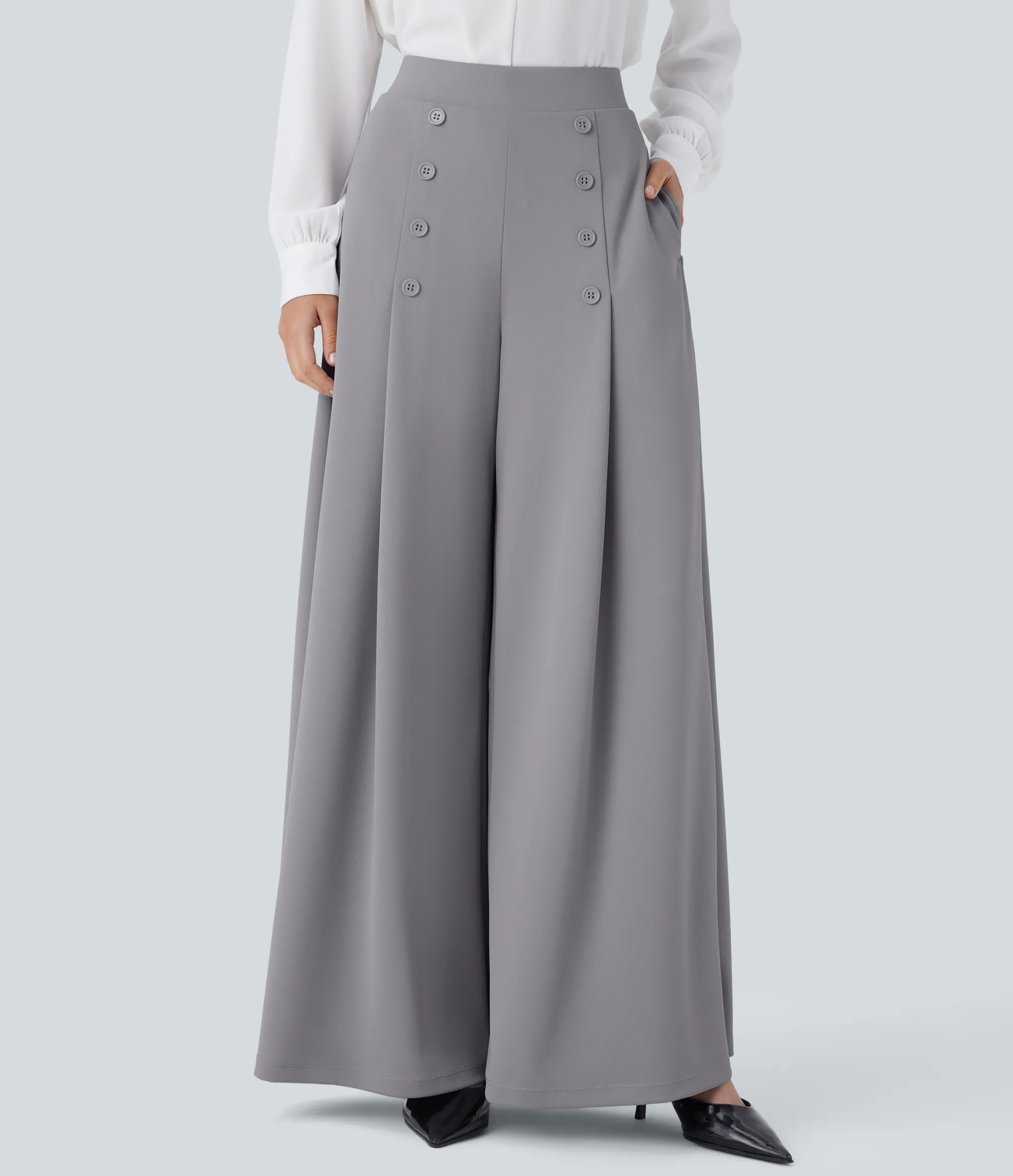 Pants|High-Waisted Pants<HALARA High Waisted Decorative Pocket Palazzo Wide Leg Work Pants