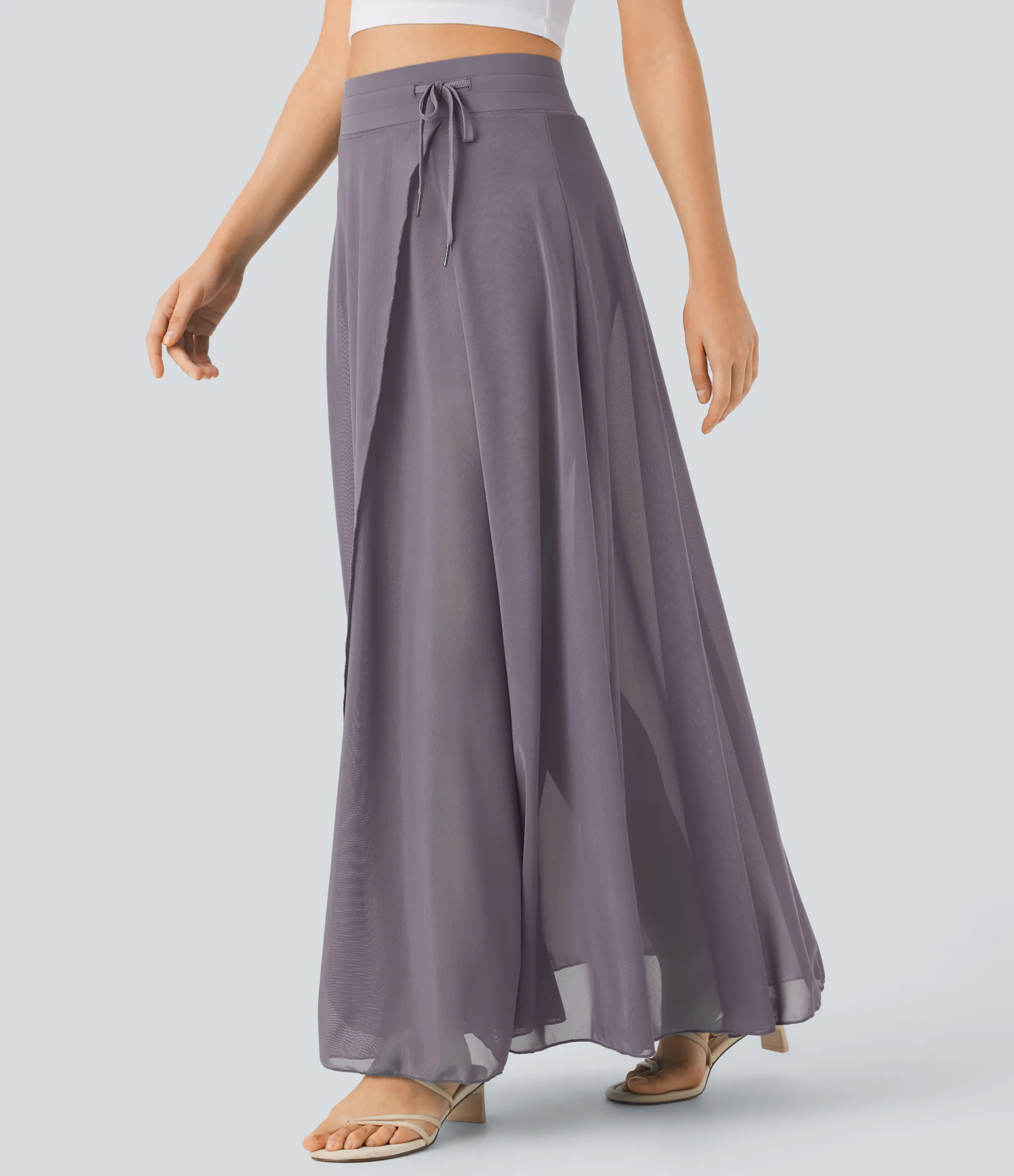 Maxi & Midi Skirts|Skirts<HALARA High Waisted Drawstring Contrast Mesh 2-in-1 Pocket Flowy Maxi Flare Casual Skirt