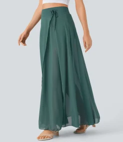 Maxi & Midi Skirts|Skirts<HALARA High Waisted Drawstring Contrast Mesh 2-in-1 Pocket Flowy Maxi Flare Casual Skirt