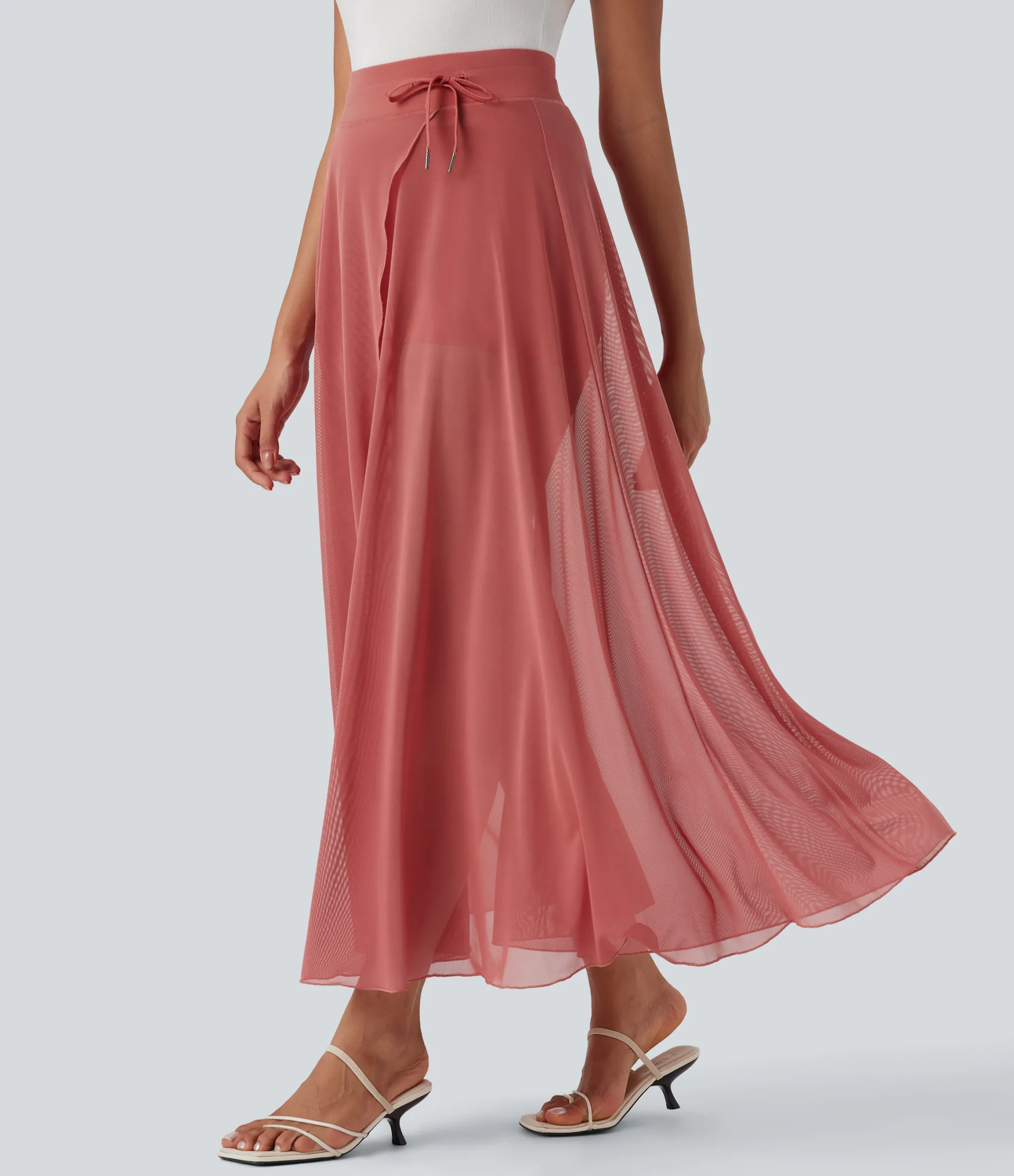 Maxi & Midi Skirts|Skirts<HALARA High Waisted Drawstring Contrast Mesh 2-in-1 Pocket Flowy Maxi Flare Casual Skirt