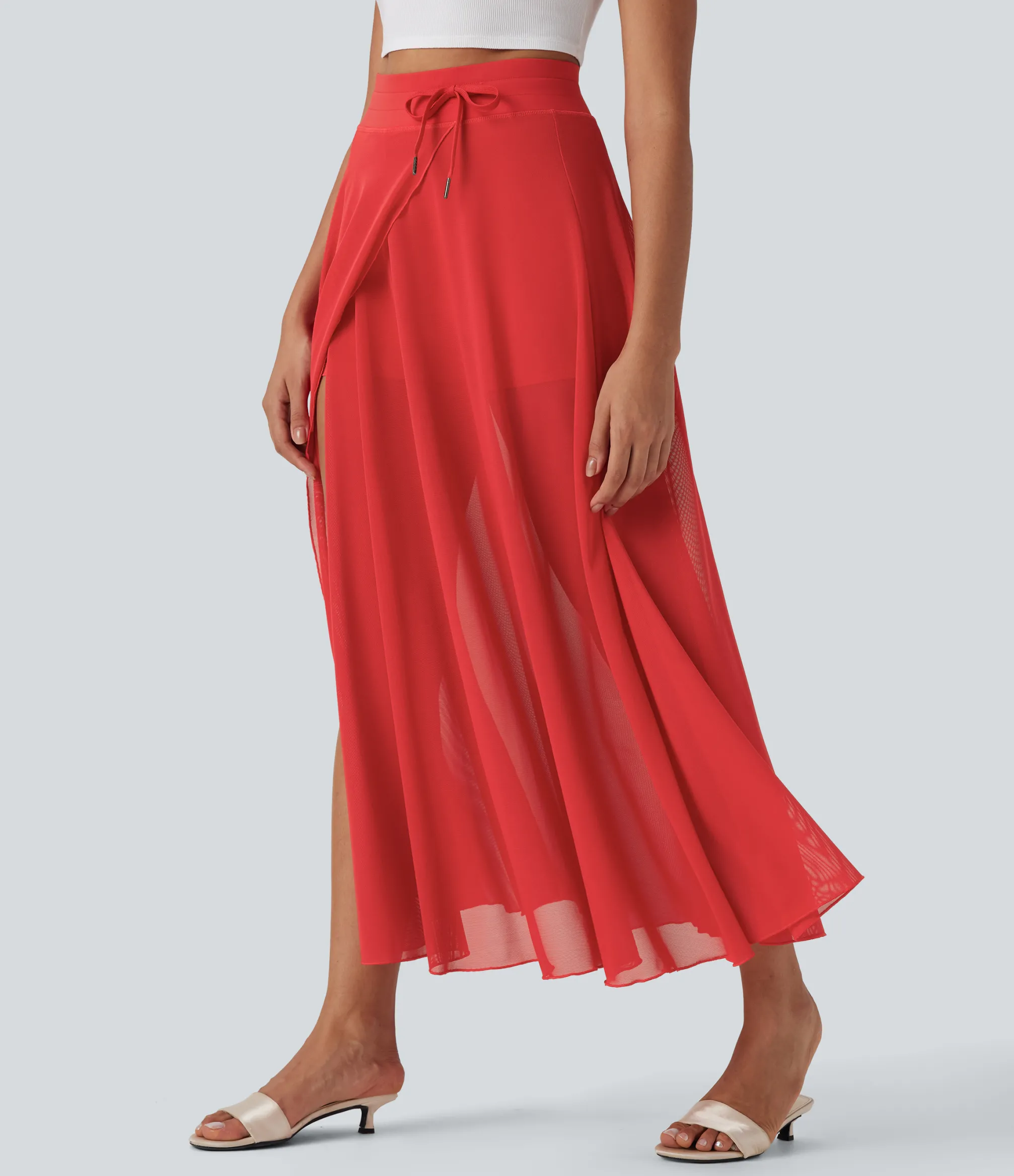 Maxi & Midi Skirts|Skirts<HALARA High Waisted Drawstring Contrast Mesh 2-in-1 Pocket Flowy Maxi Flare Casual Skirt