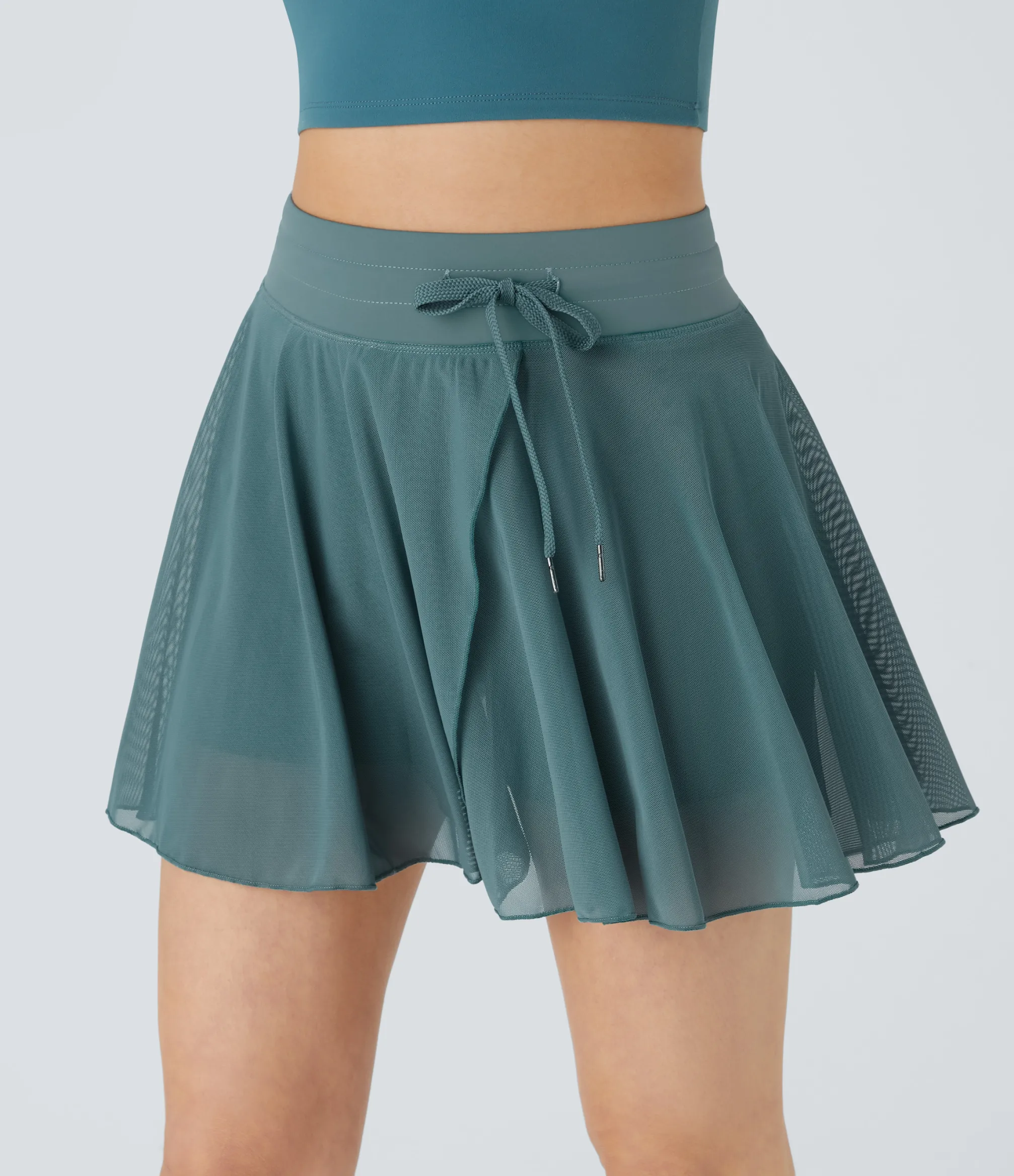Casual Skirts|Skirts<HALARA High Waisted Drawstring Contrast Mesh 2-in-1 Pocket Flowy Mini Flare Casual Skirt