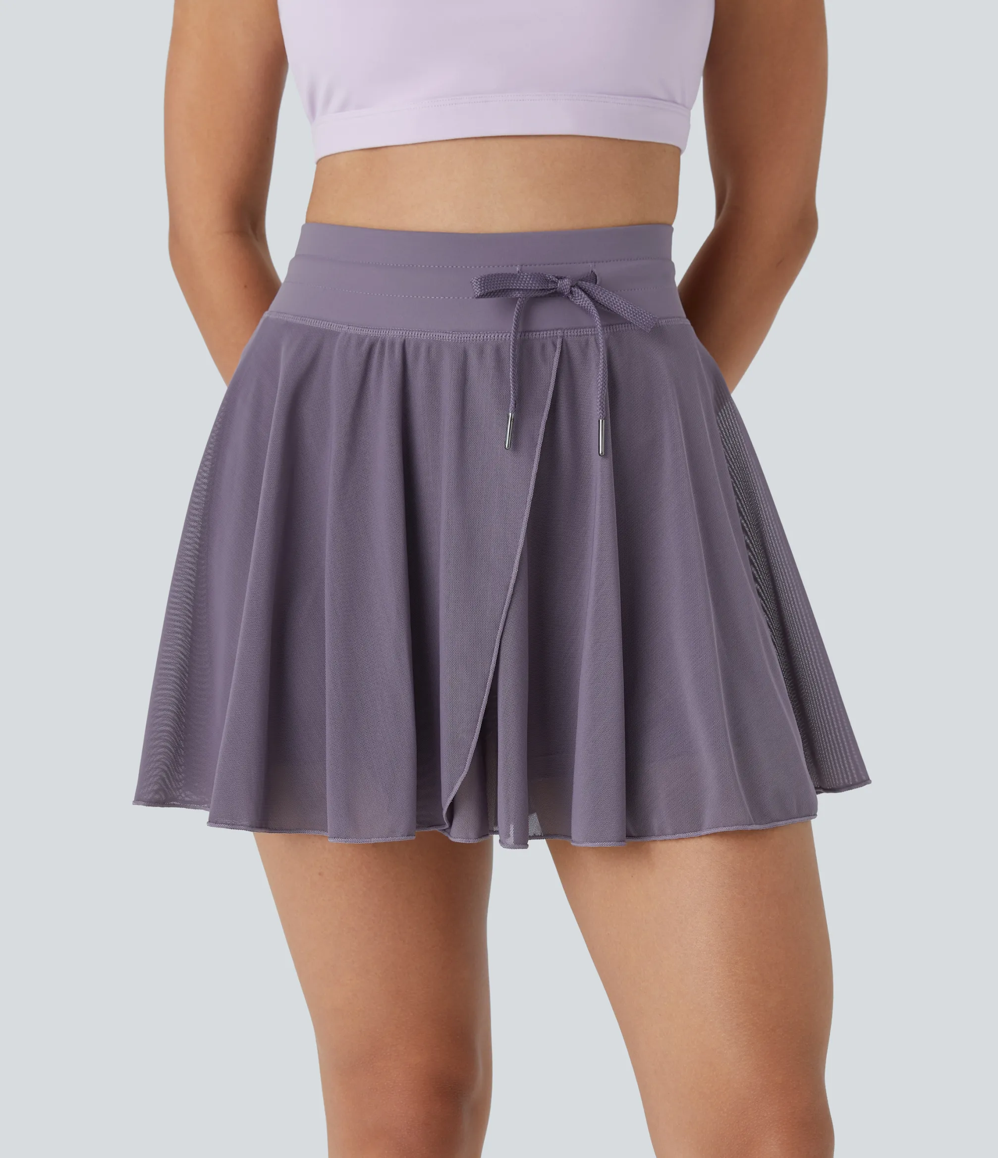 Casual Skirts|Skirts<HALARA High Waisted Drawstring Contrast Mesh 2-in-1 Pocket Flowy Mini Flare Casual Skirt