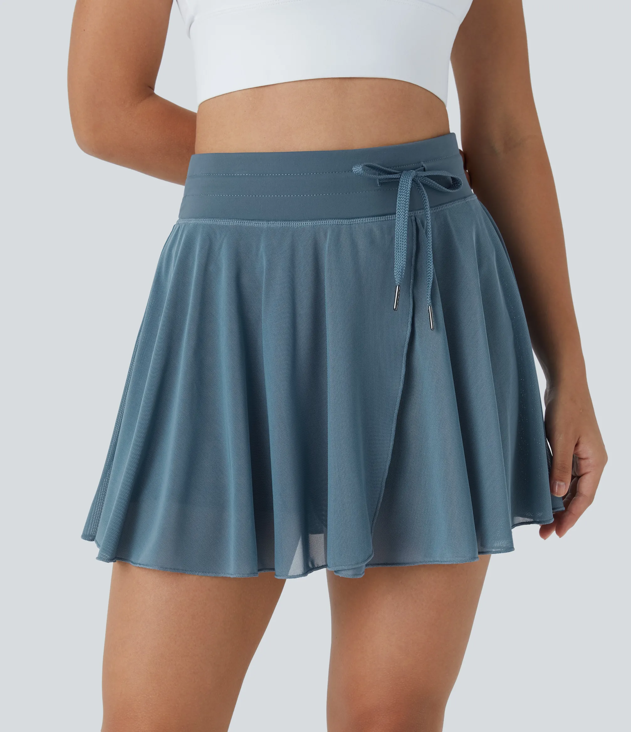 Casual Skirts|Skirts<HALARA High Waisted Drawstring Contrast Mesh 2-in-1 Pocket Flowy Mini Flare Casual Skirt