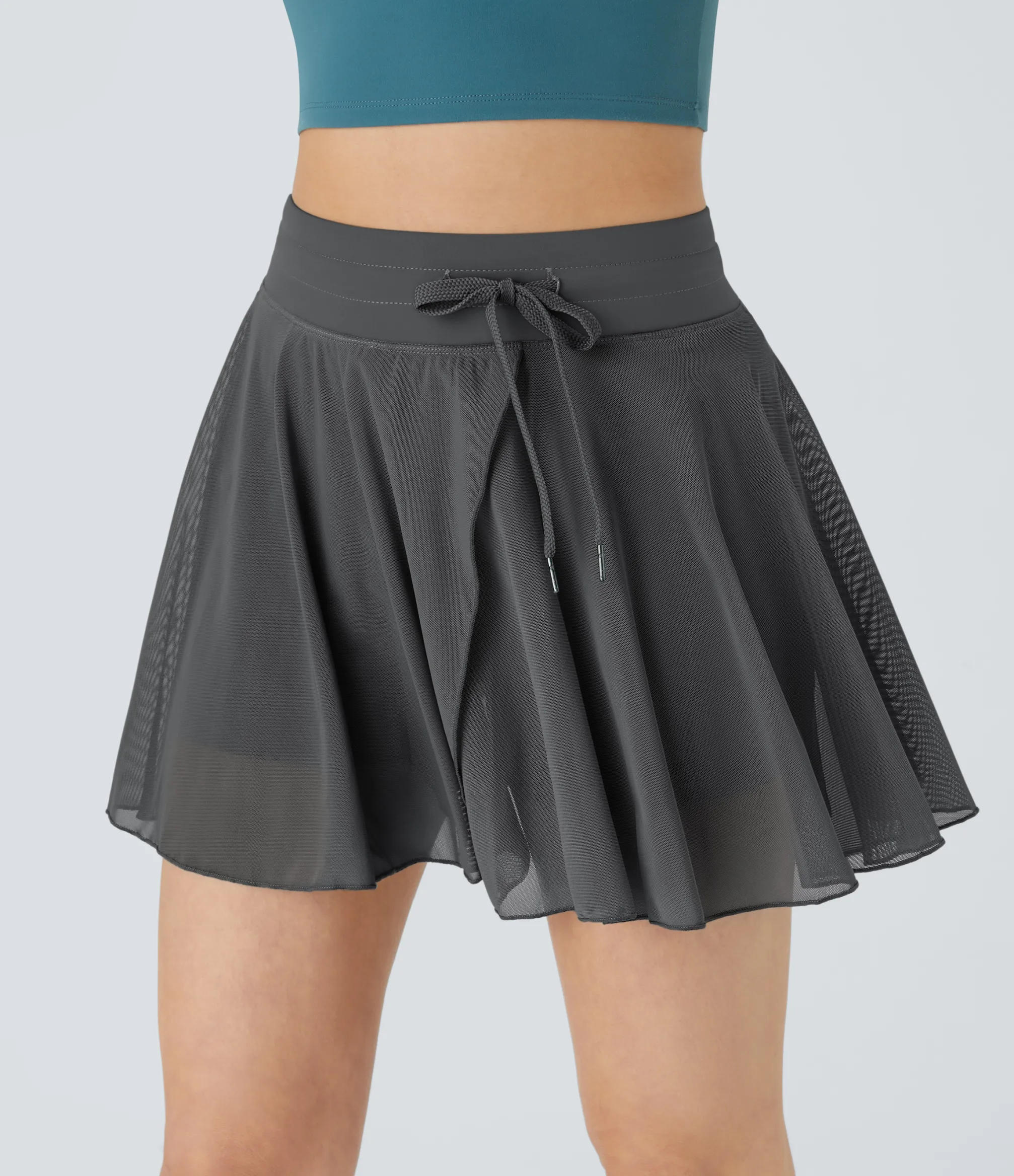 Casual Skirts|Skirts<HALARA High Waisted Drawstring Contrast Mesh 2-in-1 Pocket Flowy Mini Flare Casual Skirt
