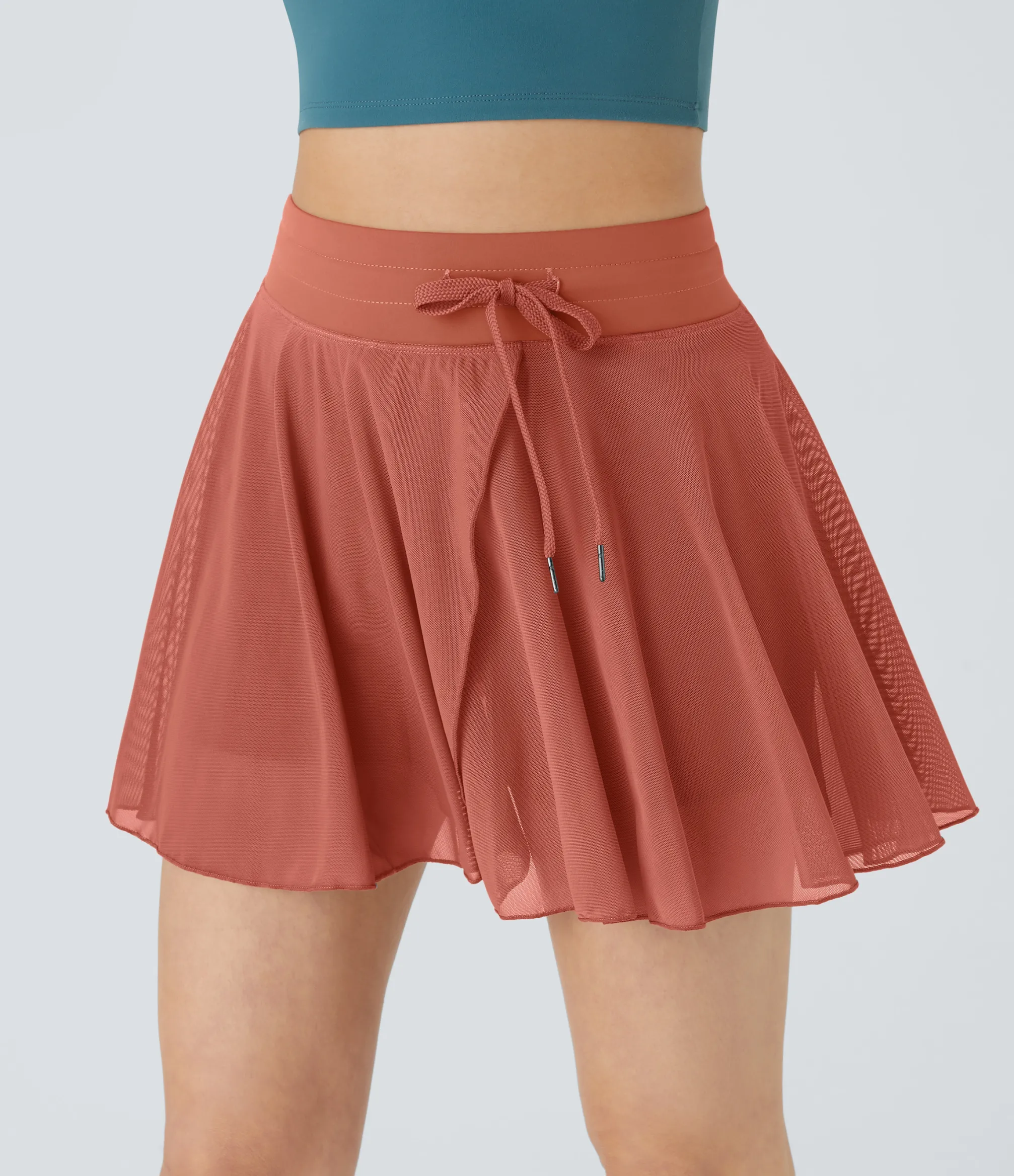 Casual Skirts|Skirts<HALARA High Waisted Drawstring Contrast Mesh 2-in-1 Pocket Flowy Mini Flare Casual Skirt