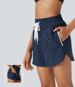 Active Shorts|Shorts<HALARA High Waisted Drawstring Curved Hem Leopard Print 2-in-1 Workout Shorts with Pockets