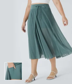 Maxi & Midi Skirts|Plus Size<HALARA High Waisted Drawstring Contrast Mesh 2-in-1 Pocket Flowy Midi Flare Casual Plus Size Skirt