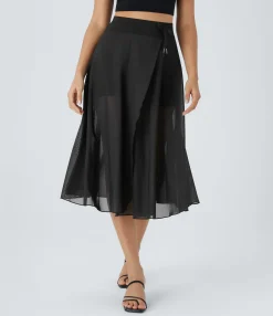 Maxi & Midi Skirts|Skirts<HALARA High Waisted Drawstring Contrast Mesh 2-in-1 Pocket Flowy Midi Flare Casual Skirt