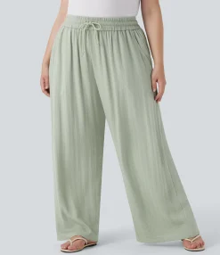 Plus Size<HALARA High Waisted Drawstring Linen-Feel Wide Leg Casual Plus Size Pants with Pockets