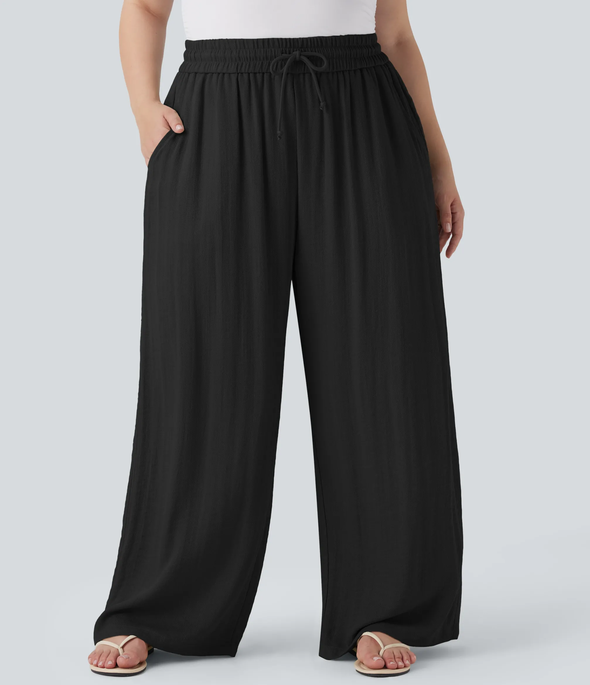 Plus Size<HALARA High Waisted Drawstring Linen-Feel Wide Leg Casual Plus Size Pants with Pockets