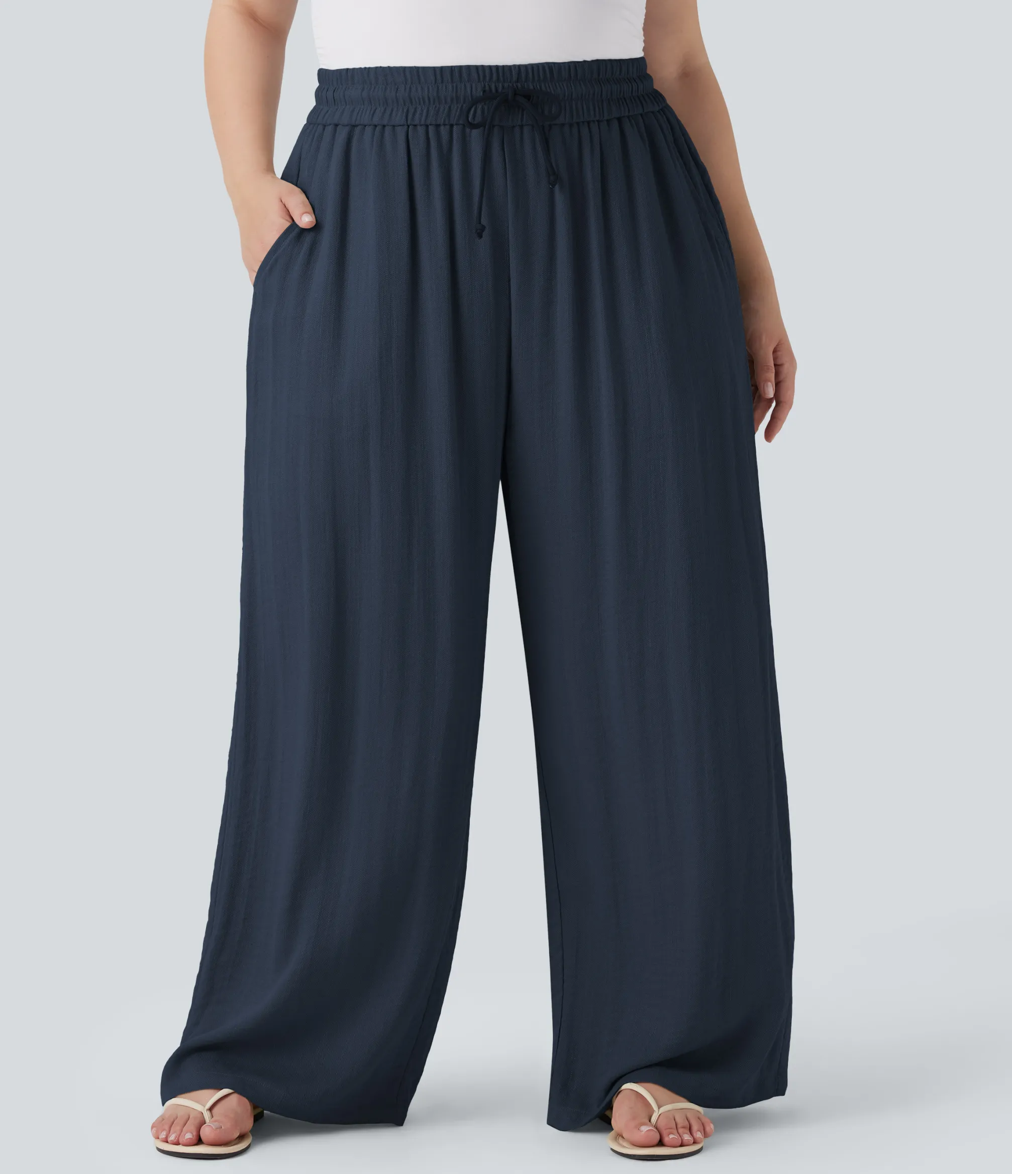 Plus Size<HALARA High Waisted Drawstring Linen-Feel Wide Leg Casual Plus Size Pants with Pockets