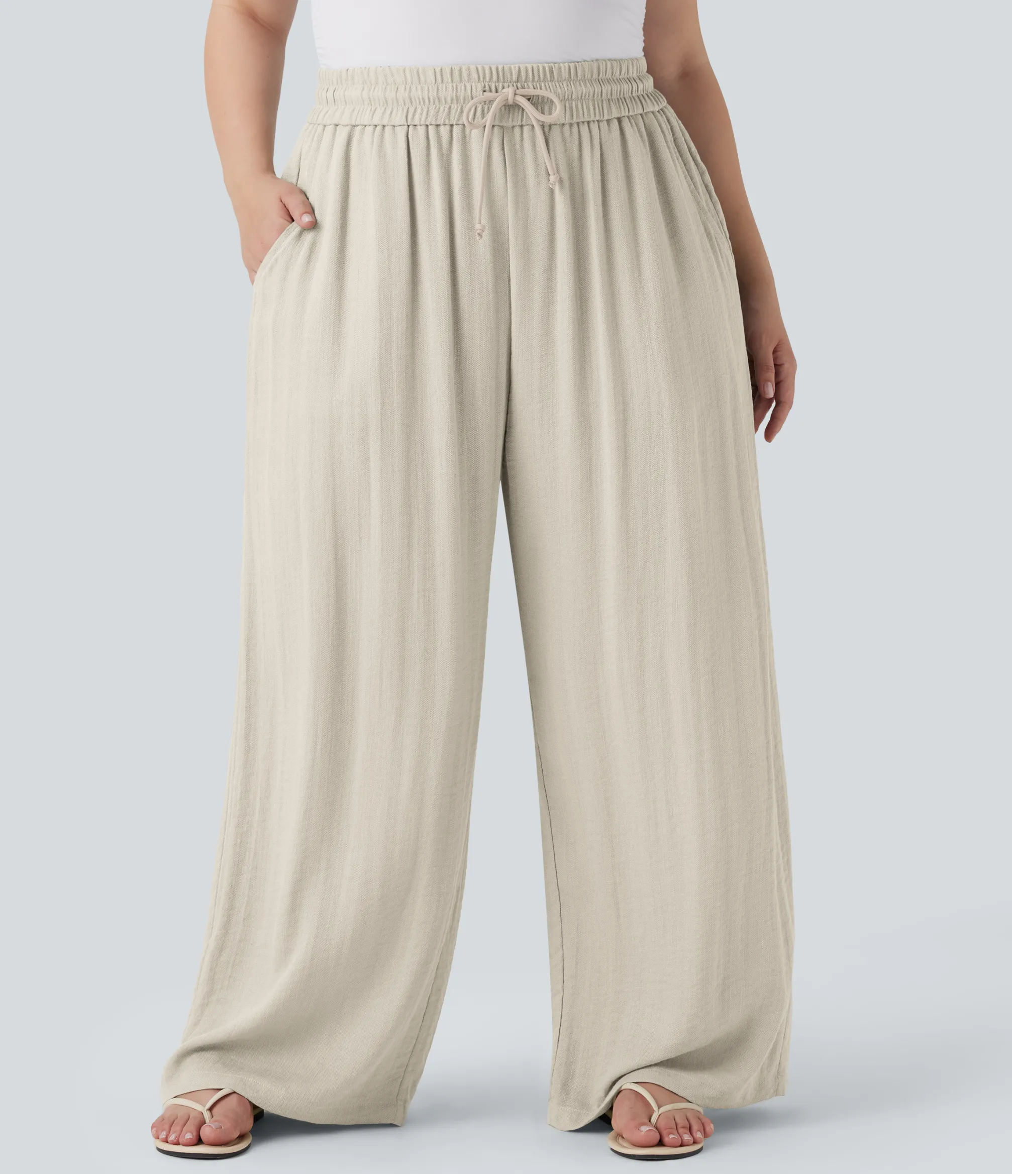 Plus Size<HALARA High Waisted Drawstring Linen-Feel Wide Leg Casual Plus Size Pants with Pockets