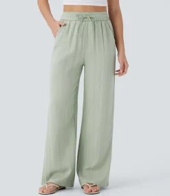High-Waisted Pants|Wide-Leg Pants<HALARA High Waisted Drawstring Pocket Wide Leg Casual Linen-Feel Pants