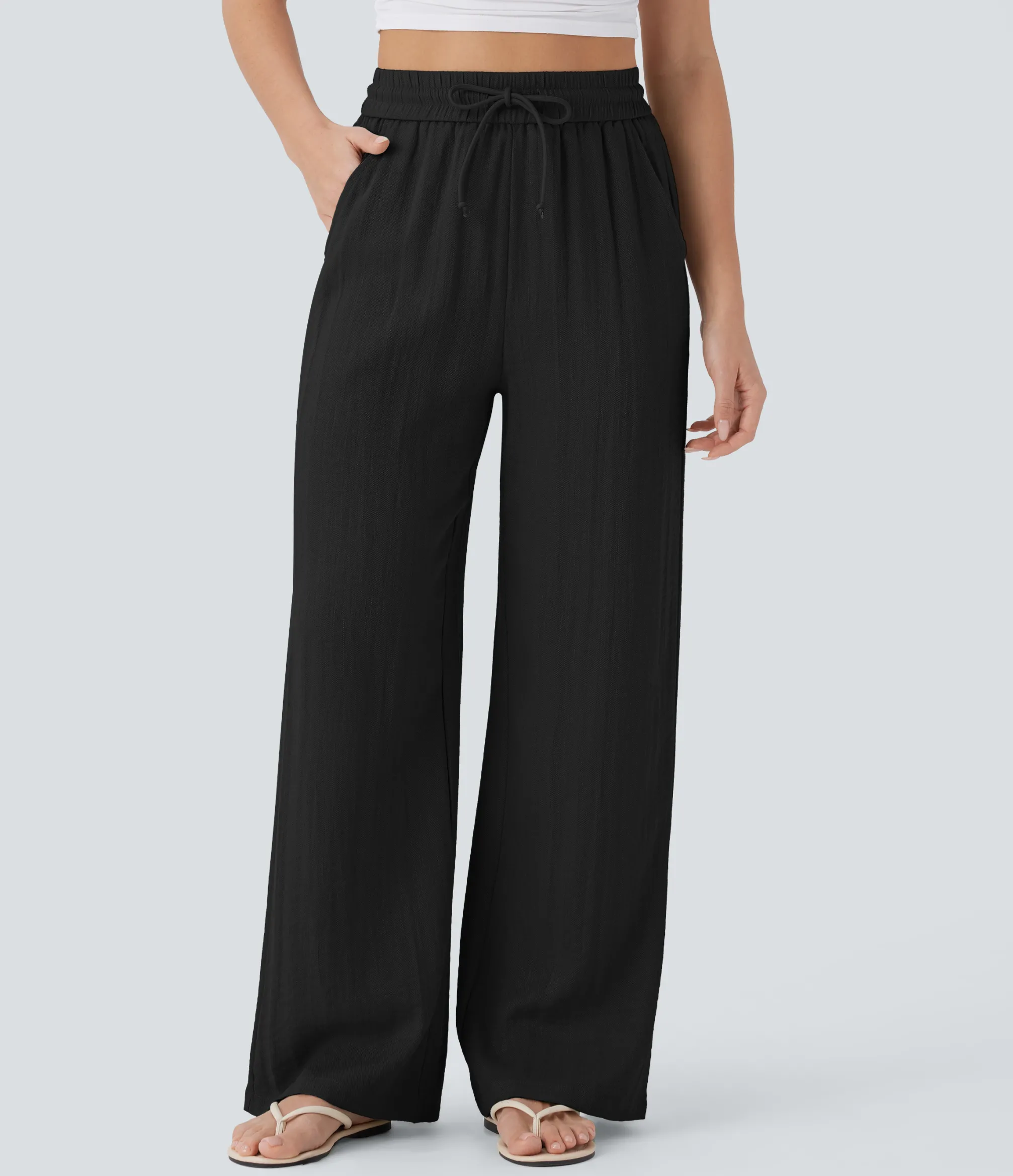 High-Waisted Pants|Wide-Leg Pants<HALARA High Waisted Drawstring Pocket Wide Leg Casual Linen-Feel Pants