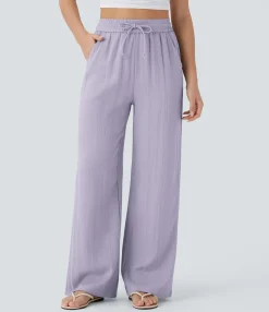 High-Waisted Pants|Wide-Leg Pants<HALARA High Waisted Drawstring Pocket Wide Leg Casual Linen-Feel Pants