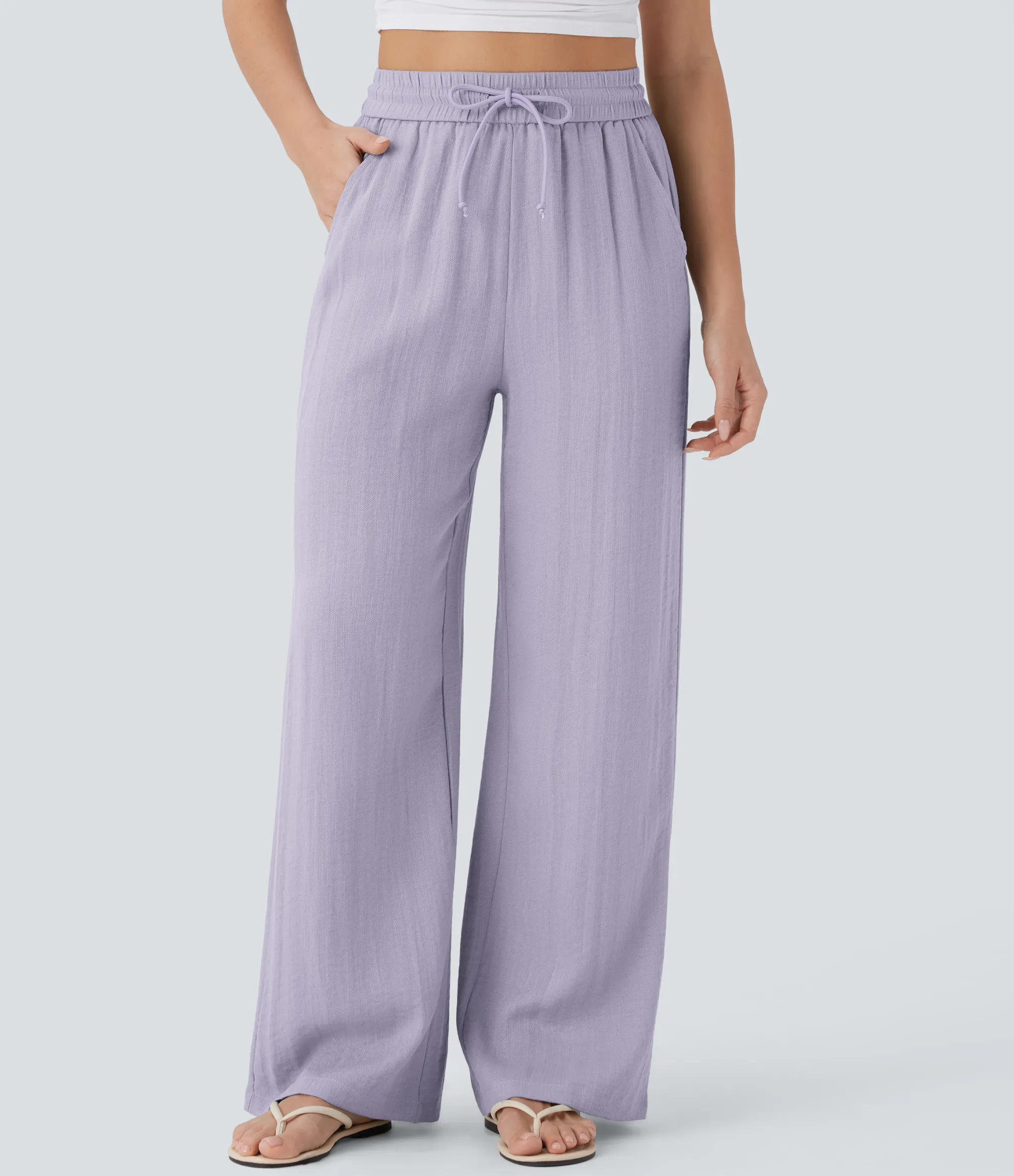 High-Waisted Pants|Wide-Leg Pants<HALARA High Waisted Drawstring Pocket Wide Leg Casual Linen-Feel Pants