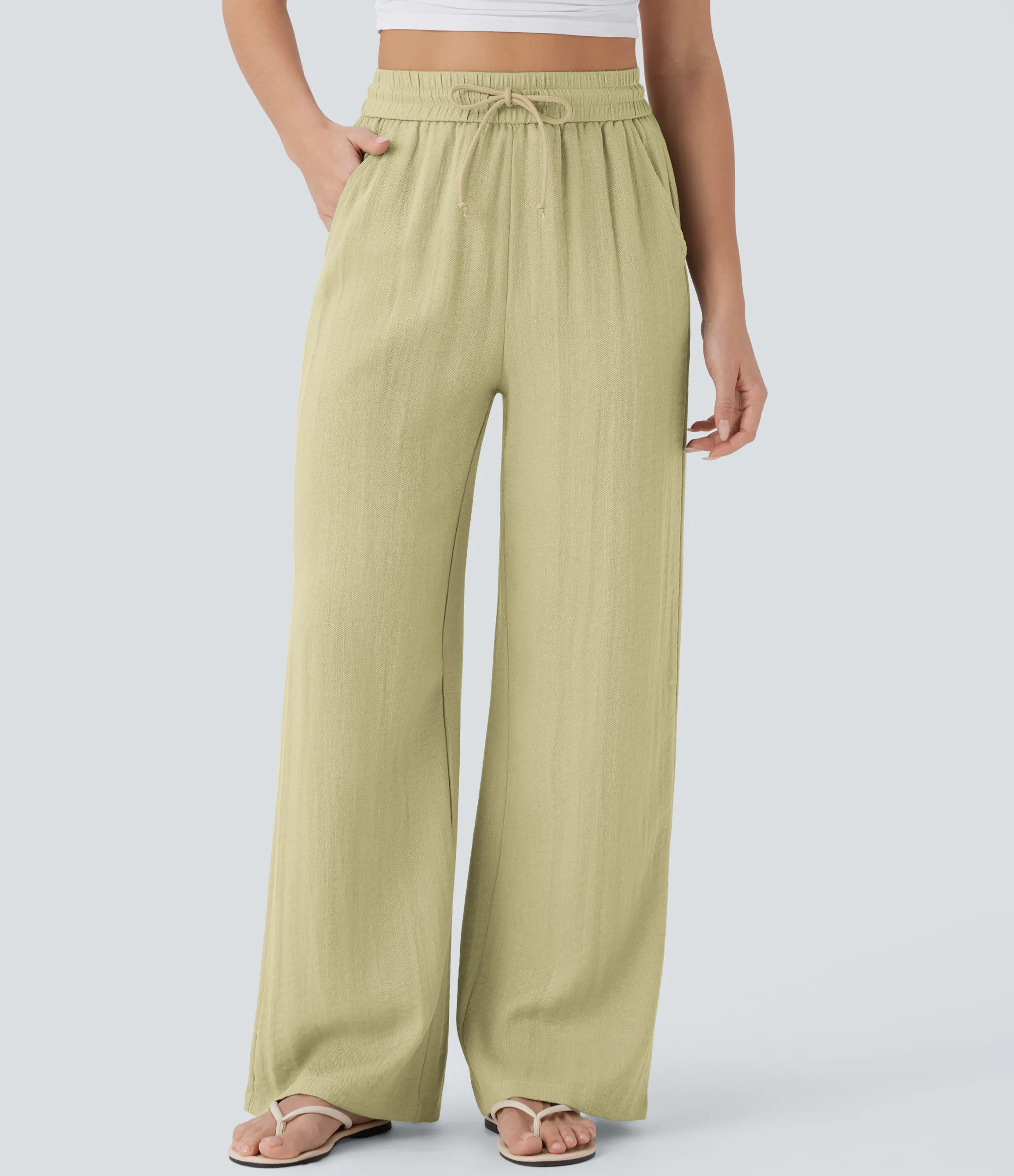 High-Waisted Pants|Wide-Leg Pants<HALARA High Waisted Drawstring Pocket Wide Leg Casual Linen-Feel Pants