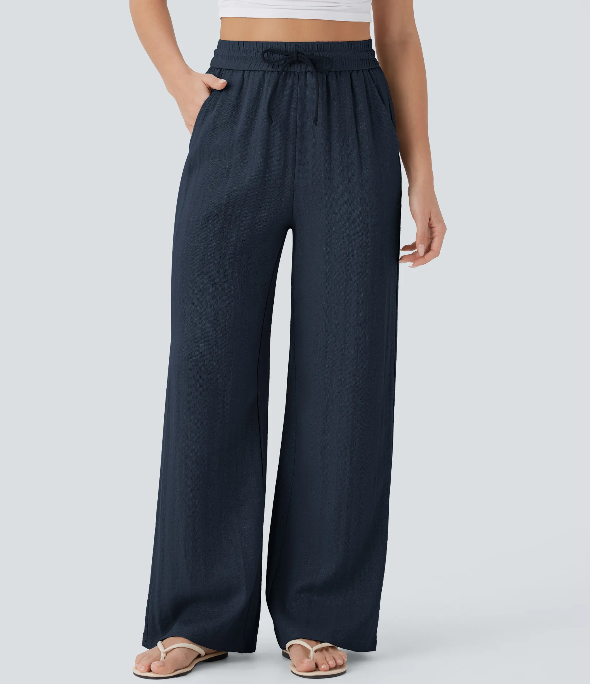 High-Waisted Pants|Wide-Leg Pants<HALARA High Waisted Drawstring Pocket Wide Leg Casual Linen-Feel Pants
